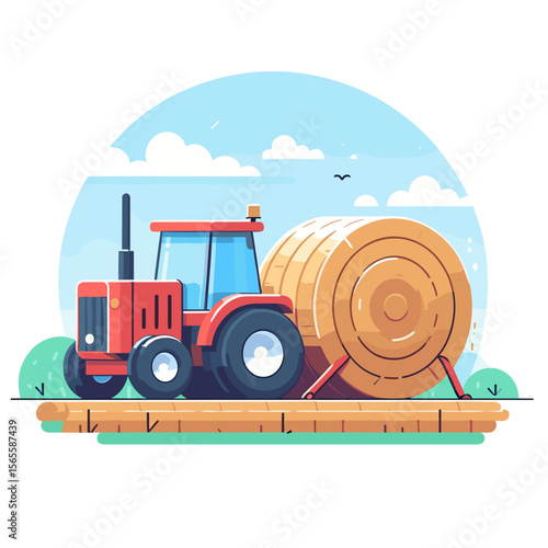 Red tractor with hay bale in countryside setting, farming cartoon style. Ideal for agricultural equipment, harvest season or rural farming illustrations.