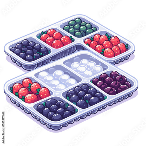 Plastic container with assorted berries in compartments, fresh fruit cartoon style. Ideal for healthy snack packaging, berry farming or fresh produce displays illustrations.