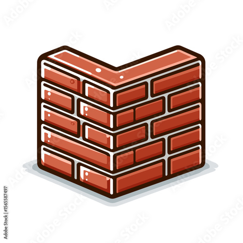 Red brick wall corner in isometric cartoon style. Perfect for construction materials, masonry work or building component illustrations.