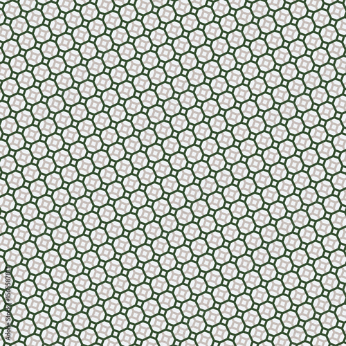 Seamless geometric pattern repeats, providing a modern texture with dark green octagons and tiny squares on a white background.