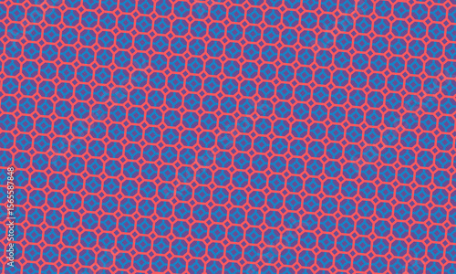 Geometric shapes create a vibrant patterned background with seamless repeating designs in blue and pink hues.