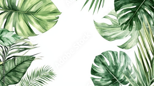 Botanical Frame Design Featuring a Tropical Leaf Outline with Monstera, Banana, and Palm Elements in a Watercolor Style