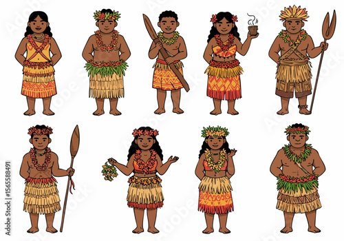 Set of Cartoon Polynesian People in Traditional Island Attire with Leis and Accessories
