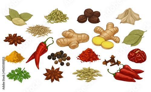 Colorful cooking spices array design for culinary arts, gastronomy, flavor and seasoning concept. Perfect for recipes, menus, and food blog graphics.