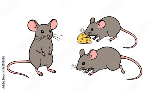 Three cute cartoon mice in various poses, one standing and the others interacting with cheese, creating a whimsical element.