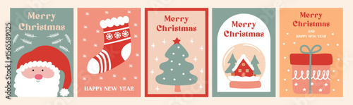 Festive Christmas and New Year greeting card collection with Santa Claus, stocking, tree, snow globe.