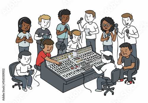 Diverse group of young people collaboratively working on audio production in a studio setting, using microphones and a large mixing console.