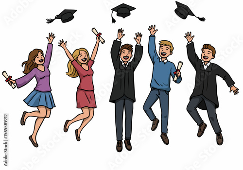 Diverse Group of Graduates Celebrating and Jumping with Diplomas and Throwing Graduation Caps