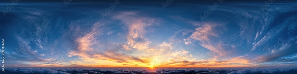 Obraz premium Twilight Horizon: Dark Blue Sunset Sky Panorama with Cirrus Clouds for 360-Degree Visualization