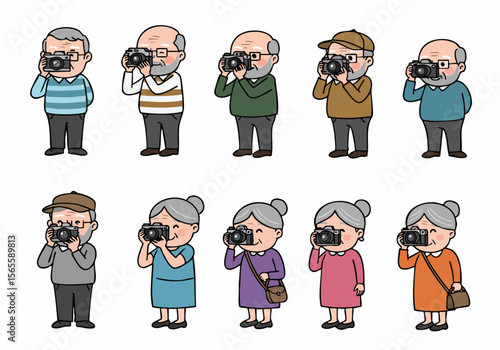Set of diverse cartoon elderly men and women enjoying their hobby of photography, taking pictures with digital cameras