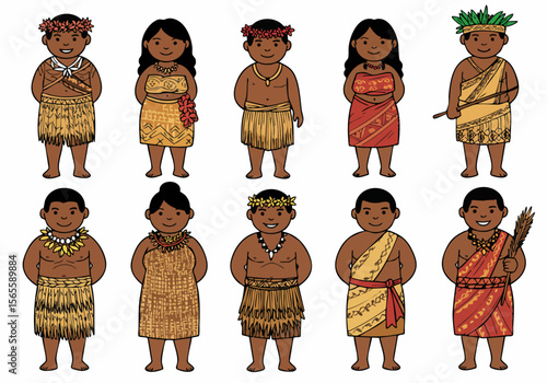 Set of happy cartoon Polynesian and Pacific Islander children characters in traditional ethnic clothing and costumes isolated on a white background.