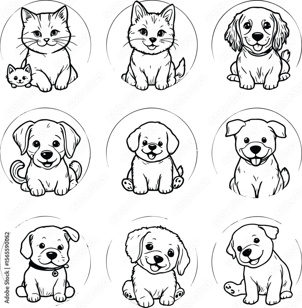 Obraz premium Whimsical Animal Portraits — Silhouette Grid Featuring Cats and Dogs in Circular Frames with Expressive Front-Facing Compositions
