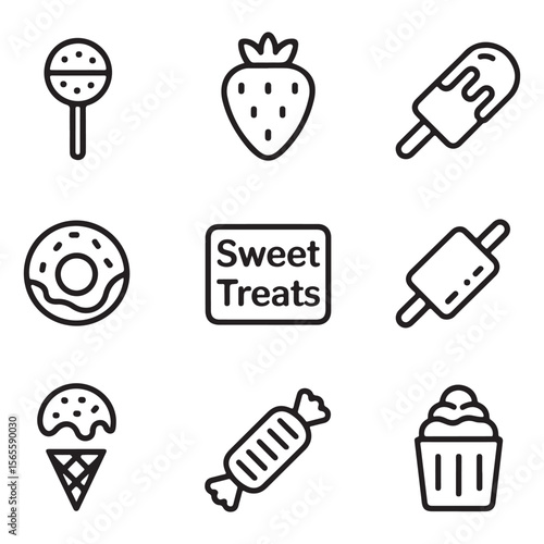 Collection of sweet food icons including lollipop strawberry donut ice cream and cupcake isolated on white background