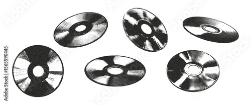  Halftone monochrome stipple elements compact discs set. Retro photocopy vector illustration on transparent background.