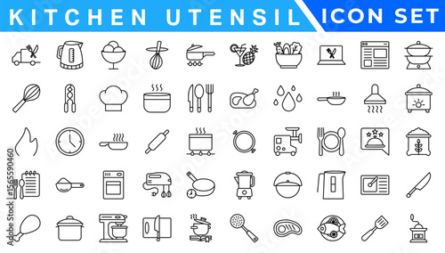 Kitchen Utensil icon set. Editable Stroke Icon Collection. Includes chopping board, cooking pots, frying pan, grater, kitchen scale, and More. Outline icons vector collection.