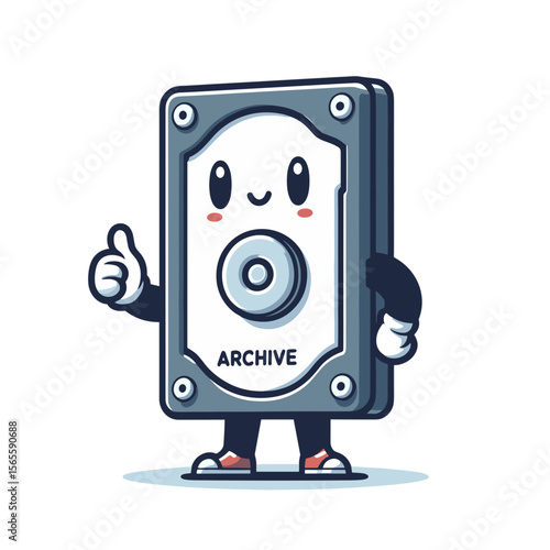 Cheerful cartoon hard drive character giving thumbs up, promoting data storage concept
