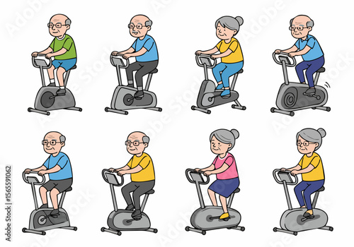 Cartoon illustration set of diverse elderly men and women exercising on stationary bikes, promoting healthy and active aging and fitness for seniors.