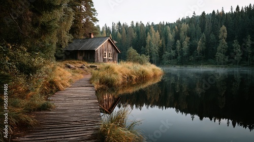 Fototapeta Naklejka Na Ścianę i Meble -  Wooden cabin by a lake in Finland. It's in a forest and has a path leading to it.