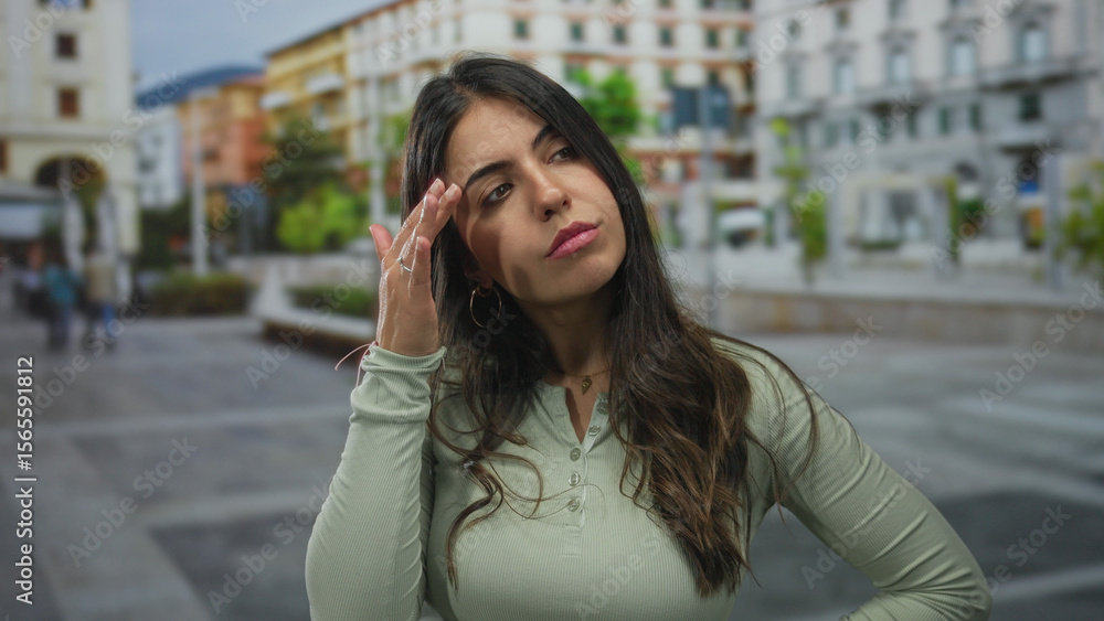 Young woman standing in a vibrant urban street setting, showcasing thoughtful expression surrounded by textured architecture and soft natural light. Young woman standing in a vibrant urban street setting, showcasing thoughtful expression surrounded by textured architecture and soft natural light.