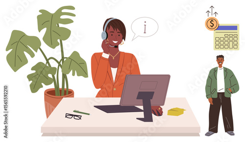 Person at desk with headset helping client, surrounded by plant, screen, and finance elements. Ideal for customer service, finance, communication, growth, teamwork consulting simple flat metaphor