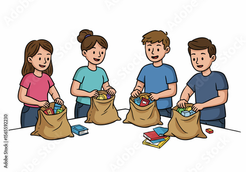 Four friends sorting items into bags, happily organizing belongings or donations
