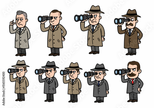 Collection of diverse cartoon spies and detectives in trench coats and hats, looking through binoculars or observing, suggesting surveillance and investigation.