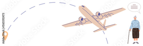 Elderly woman with a walking stick next to a flying airplane and curved travel path leading to a location marker. Ideal for travel, senior care, journey, mobility, relocation, tourism, simple flat