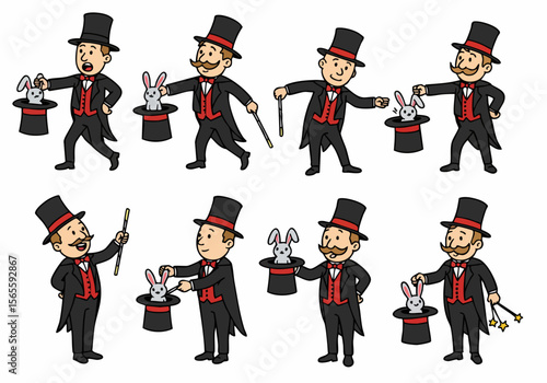 Cartoon Magicians Pulling Rabbits from Hats and Performing Magic Tricks