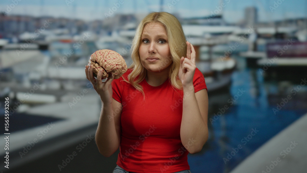Fototapeta premium Woman holding a brain model with fingers crossed in a marina backdrop featuring boats and ships, embodying hope and intellect.
