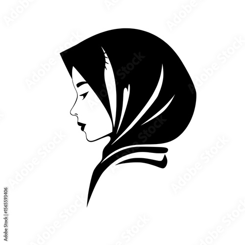 Elegant woman in hijab logo, minimalist design, conveying tradition and grace, stylized silhouette. 