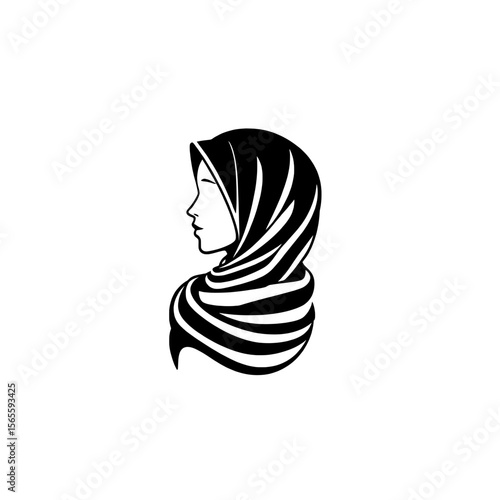 Woman in Hijab logo: Elegant monochrome silhouette of a woman wearing traditional head covering and striped neck wrap.