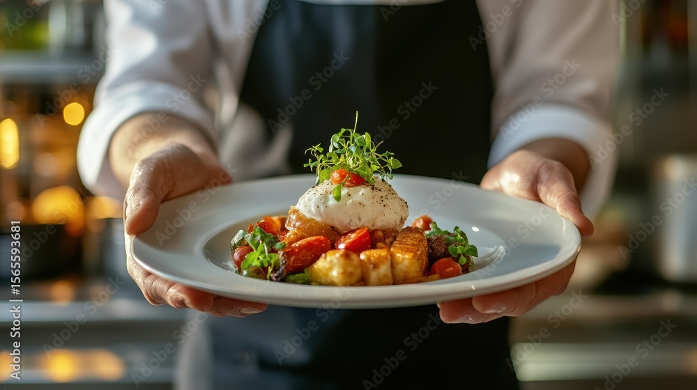 Elegant Fine Dining Experience: Server Presenting Gourmet Cuisine on Plate in Luxurious Night Setting Elegant Fine Dining Experience: Server Presenting Gourmet Cuisine on Plate in Luxurious Night Setting