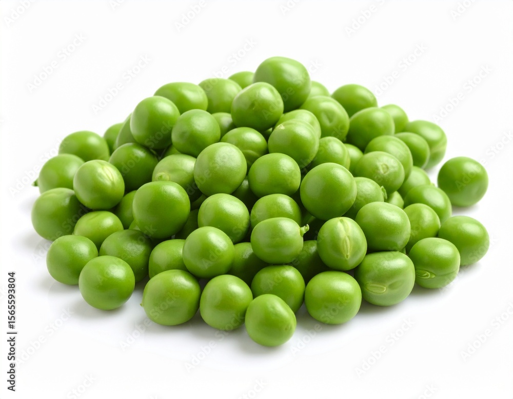 A pile of fresh green peas with a smooth, round texture on a clean white background A pile of fresh green peas with a smooth, round texture on a clean white background