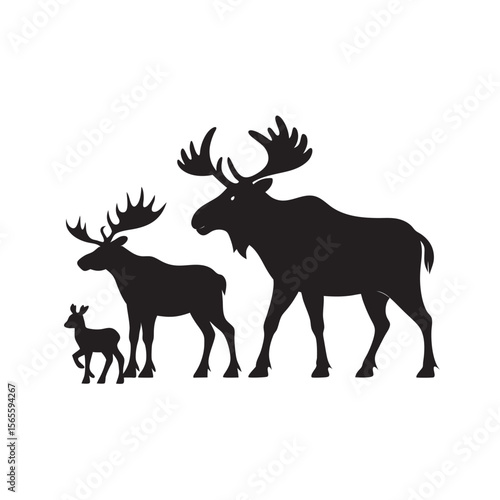 Silhouette Of Moose Family With Calf