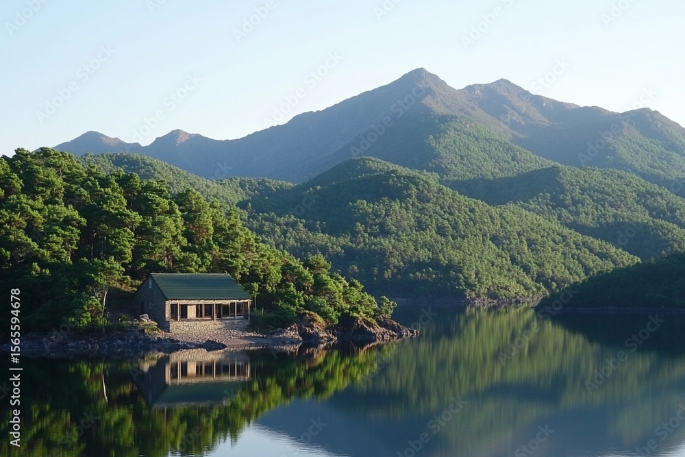 Fototapeta premium Reflections of a tranquil forest along a calm river's edge