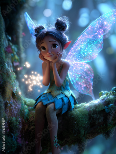 Hada del Bosque 3D Encantadora con Alas Iridiscentes y Polvo Mágico