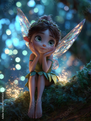 Hada del Bosque 3D Encantadora con Alas Iridiscentes y Polvo Mágico