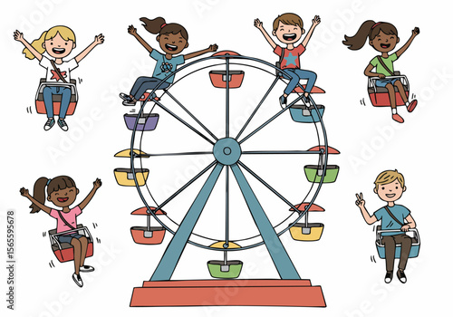 Happy children riding a Ferris wheel at an amusement park, smiling and waving with excitement, fun illustration of diverse kids enjoying a carnival ride.