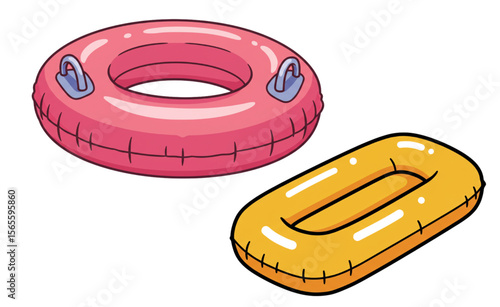 A cheerful graphic features a pink inner tube and a yellow inflatable raft, perfect for summertime fun and water adventure themes.