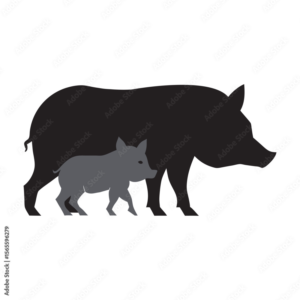 Fototapeta premium Wild Boar With Boarlet Piglets Silhouette