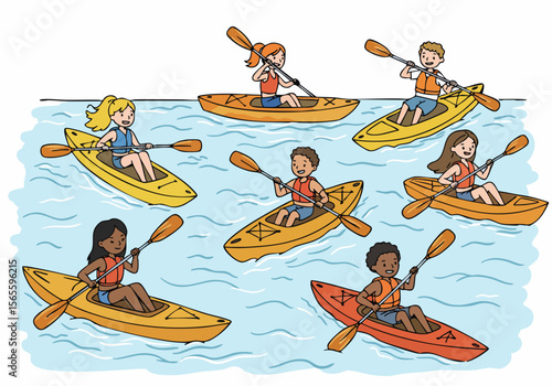 Diverse group of happy people kayaking on the water, outdoor summer activity illustration with life vests