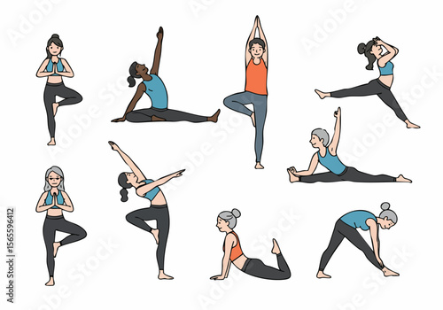 Illustration set of diverse people practicing various yoga poses for health, fitness, and relaxation.