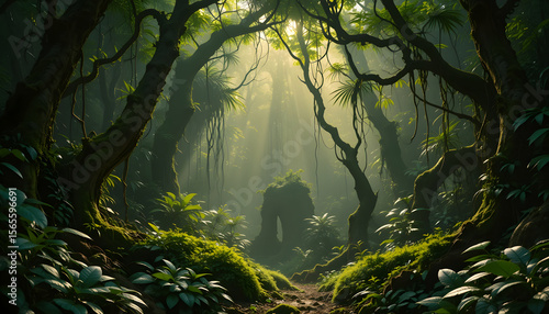 Jungle scene bursting with glowing leaves, twisted vines, and mossy trunks under filtered golden sunlight