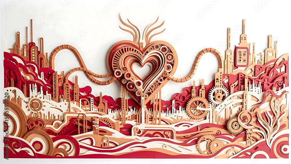 Intricate Papercut Cityscape with Central Heart Intricate Papercut Cityscape with Central Heart