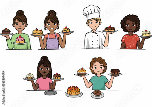 Smiling diverse people offering a variety of delicious cakes and desserts in a friendly cartoon illustration.