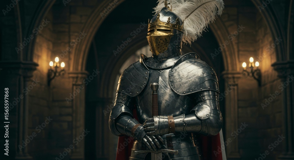 Fototapeta premium A knight in full armor stands within a gothic hall, sword at his side, gazing thoughtfully