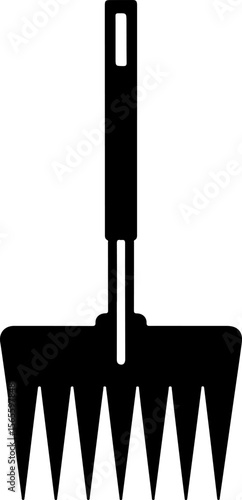 Black hand rake with pointed tines and a long handle gardening tool hand tool