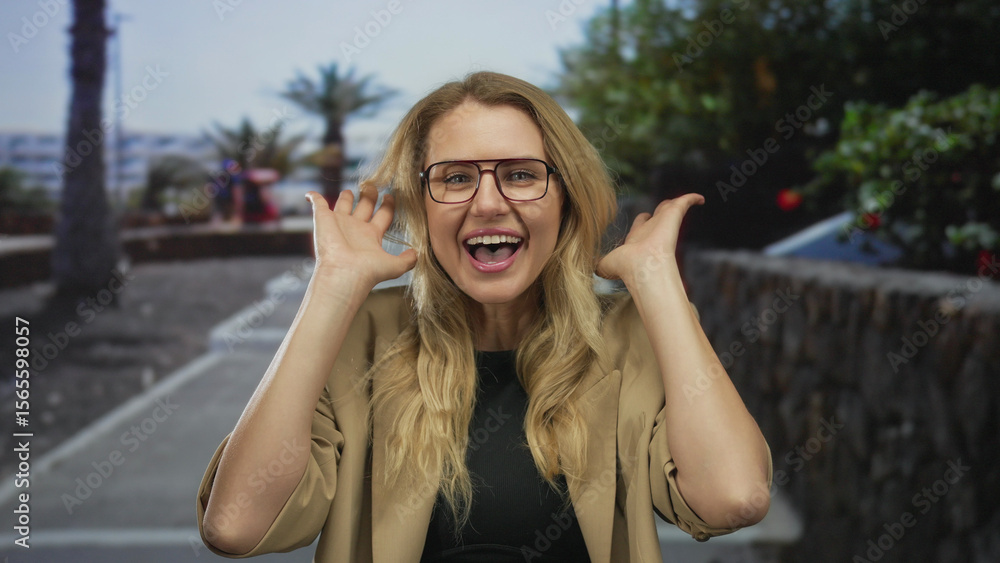 Woman laughing on a city street uncovers her face with blonde hair and glasses under sunny outdoor conditions with greenery and palm trees in the background. Woman laughing on a city street uncovers her face with blonde hair and glasses under sunny outdoor conditions with greenery and palm trees in the background.