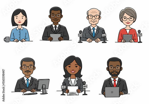 Cartoon illustration of a diverse group of people representing reporters, news anchors, and speakers at a press conference, interview, or media event.
