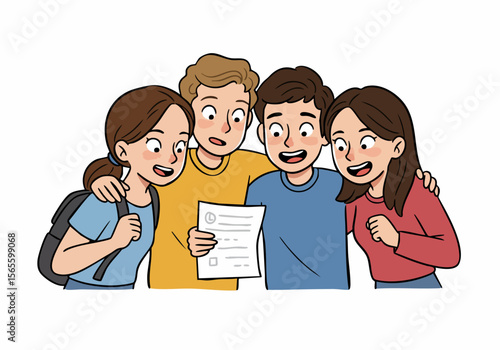 Happy group of students looking at document showing positive results, celebrating academic success and friendship in a colorful cartoon illustration.